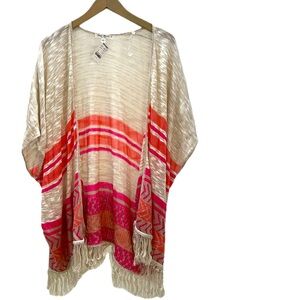 SAY WHAT? NY Medium orange and pink fringed ruana
(Open front cardigan) knit NWT